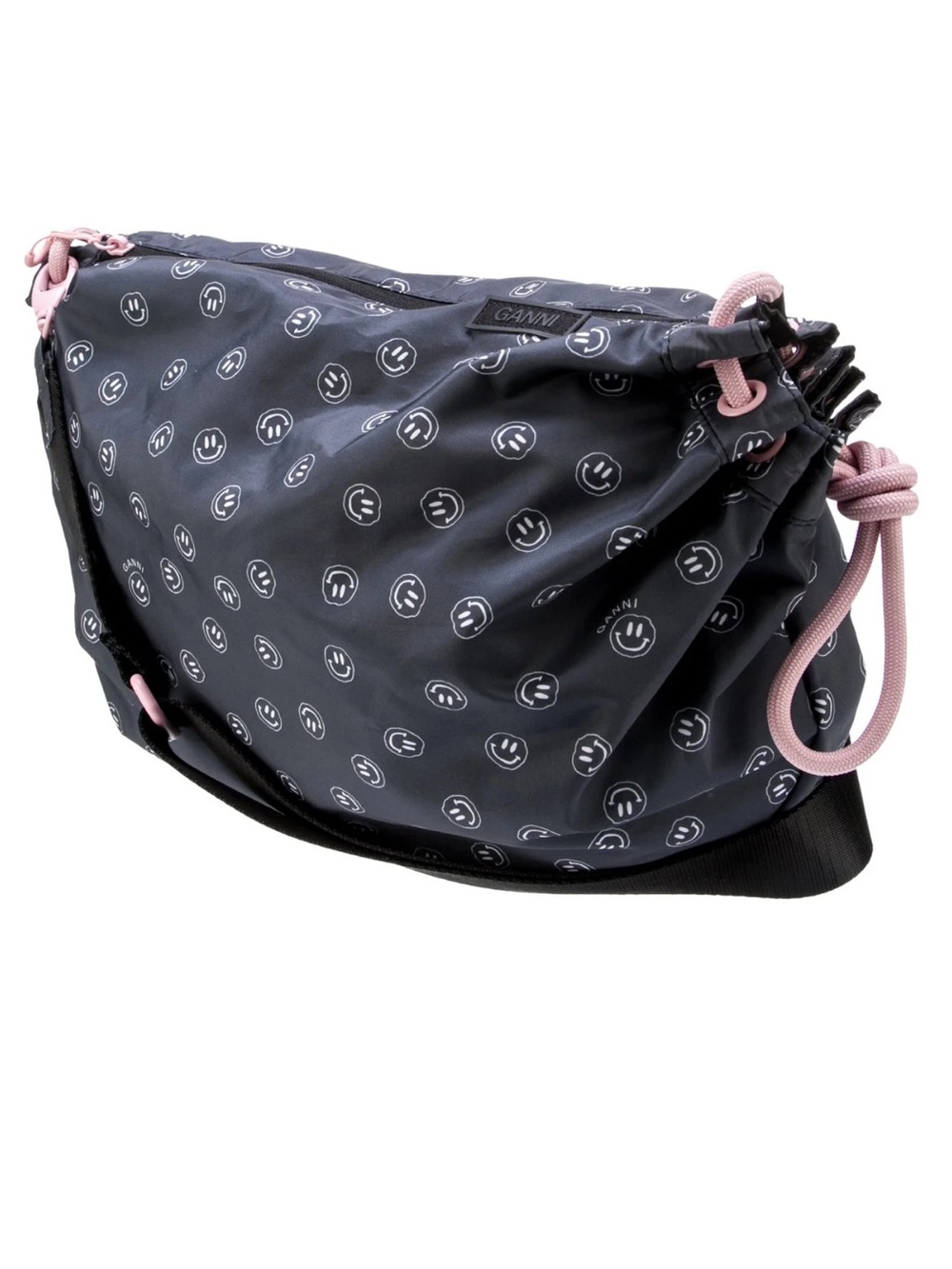 ISO Ganni Black Smiley-Print Crossbody Bag with Pink Drawstring